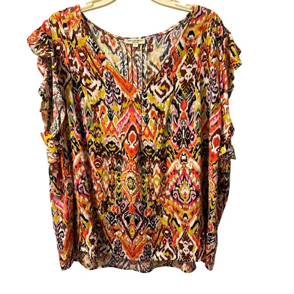 Christian Siriano New York Womens Ruffle Sleeve Ikat Print Blouse Sz 2X Rayon Mu - Picture 6 of 12